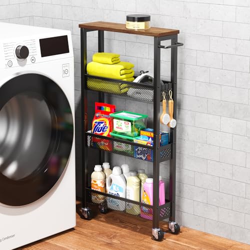 XYZLVSI Utility Slim Storage Cart on Wheels, 4 Tier Laundry Room Organizers | 5" W narrow shelf for small spaces, skinny rolling cart with wooden top and metal handle for kitchen/bathroom/Office/Dorm - size: 16.7"Dx5.0"Wx34"H