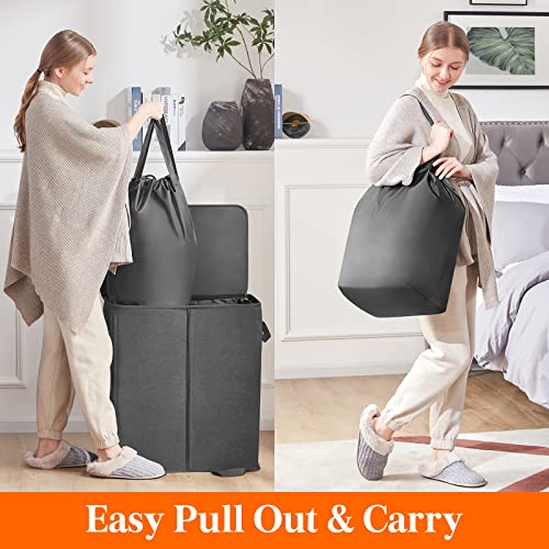 Lifewit Double Laundry Hamper with Lid and Removable Laundry Bags, Large Collapsible 2 Dividers Dirty Clothes Basket with Handles for Bedroom Laundry Room Closet Bathroom College, 155L Black - color: Black, size: 155L