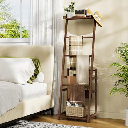 HOOBRO Blanket Ladder, 3-Tier Towel Rack, Bamboo Blanket Rack, Blanket Stand, Blanket Ladders for Bedroom, Quilt Ladder for Living Room, Bedroom, Decorative Display Ladder Shelf, Mocha MA124CJ01
