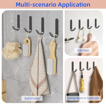 4 Pcs Adhesive Towel Hooks for Shower, Bathroom, Kitchen, Robe, Towel, Coat，Shower Hooks，Wall Hook Stick On Bathroom（Steel,Dark Gray）