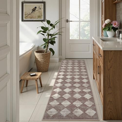 Checkered Runner Rug 2x8 Beige, Hallway Kitchen Bathroom Non Slip Washable - color: Beige, size: 2' x 8' (Runner)