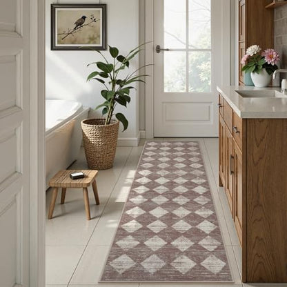 Checkered Runner Rug 2x8 Beige, Hallway Kitchen Bathroom Non Slip Washable - color: Beige, size: 2' x 8' (Runner)