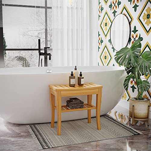 HOMCOM Long Bamboo Shower Bench Seat, 20" Tall Wooden Spa Shower Stool | Underneath Storage Shelf, Shoe Organizer