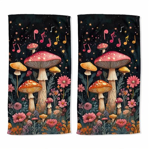 Mushroom Bath Hand Towel Set of 2 Magical Forest Music Flower Star Absorbent Hand Towels Decorative Fingertip Towels for Farmhouse Gym Kitchen Hotel Yoga Gifts 14x28 inch - color: Mushroom