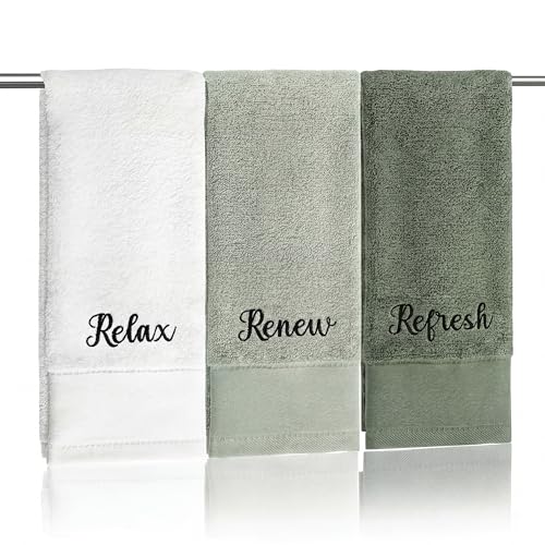 Tiamon 3 Pcs Bathroom Towel Decorative Set 100% Cotton Fluffy Bath Hand Towels for Guest Gifts Farmhouse Kitchen Hand Towels Home(White, Light Green, Dark Green,30 x 13 Inch,Relax Renew Refresh) - color: White, Light Green, Dark Green, size: 30 x 13 inche