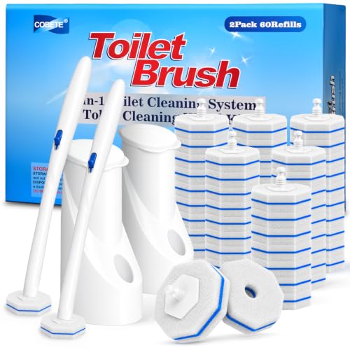COBETE Disposable Toilet Brush Wand 2 Kit with 60 Refills, Efficient Deep Scrubbing Toilet Bowl Cleaner Wand for Bathroom Toilet Cleaning