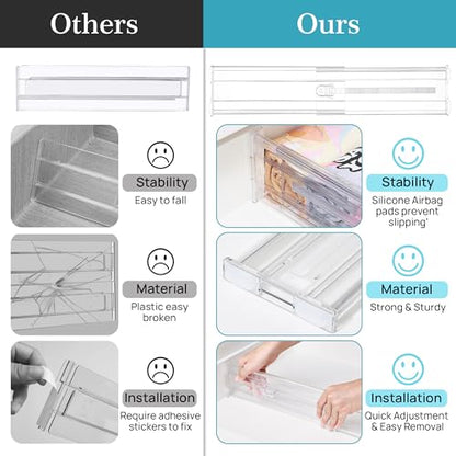 Vtopmart 4" Regular Upgrade Drawer Dividers for Clothes, 12.8"-22.3" 8 Pack | Expandable Dresser Drawer Organizer, Clear Separator, Baby Clothing, Underwear, Cosmetics, Toiletries Storage, Space Saving - size: Regular-4" without Inserts