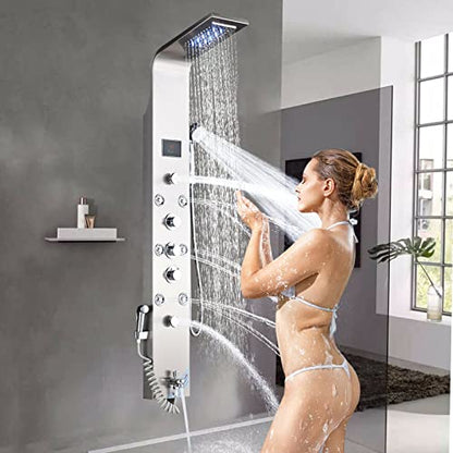 Shower Panel Tower System Stainless Steel LED Rainproof and Waterfall Massage Body Jets