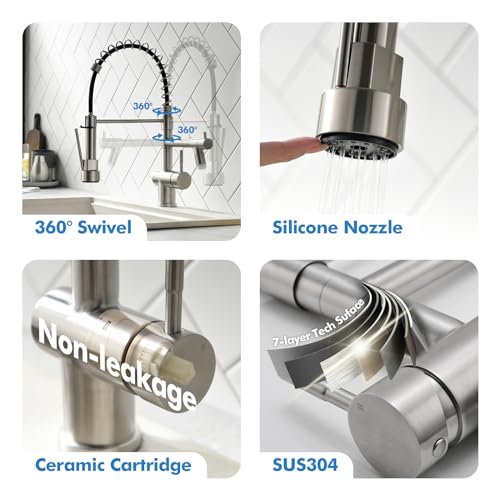 VFAUOSIT Kitchen Faucet with Pull Down Sprayer, Brushed Nickel LED Light | Dual Outlets, Hands-Free Spray Lock, 360° Swivel, cUPC/CEC Certified, 10-Minute Tool-Free Setup, Ceramic Disc Valve - color: Brushed Nickel-04