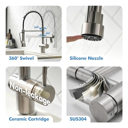 VFAUOSIT Kitchen Faucet with Pull Down Sprayer, Brushed Nickel LED Light | Dual Outlets, Hands-Free Spray Lock, 360° Swivel, cUPC/CEC Certified, 10-Minute Tool-Free Setup, Ceramic Disc Valve - color: Brushed Nickel-04