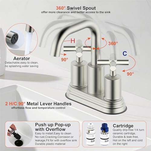 Two Handle Lavatory Faucet 4-inch Centerset Bathroom Sink Faucet with Drain Assembly for 3 Hole Sink Brushed Nickel Finish DF-4303CCH-BN Duttao - color: Brushed Nickel