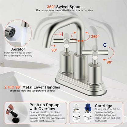 Two Handle Lavatory Faucet 4-inch Centerset Bathroom Sink Faucet with Drain Assembly for 3 Hole Sink Brushed Nickel Finish DF-4303CCH-BN Duttao - color: Brushed Nickel