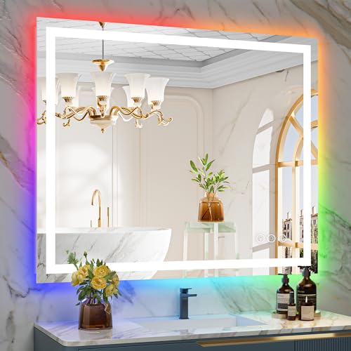 44x36 Inch RGB LED Bathroom Mirror Front Lit and RGB Backlit Lighted Vanity Mirror for Bathroom Wall Dimmable Anti Fog Memory Shatter-Proof IP54 Waterproof Horizontal/Vertical - color: Rgb Backlit+front Lit, size: 44"L x 36"W