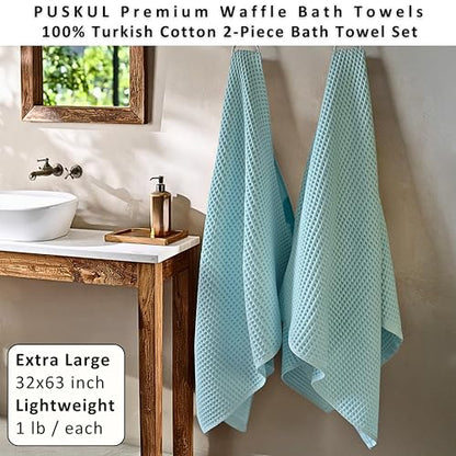 PÜSKÜL 2-Piece Natural 100% Turkish Cotton Waffle Bath Towels Extra-Large | Turquoise, 32x63" Bath Sheet Towel, Light Soft Absorbent Quick-Dry Lint-Free Premium Honeycomb Weave Oeko-Tex Made in Turkiye - color: Turquoise, size: Bath Towels - Pack of 2