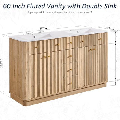 T4TREAM 60" Fluted Bathroom Vanity with Double Sink, Natural Oak | Integrated Resin Sink, 2 Large Storage Cabinets, Adjustable Shelf, 3 Drawers, Three pre-drilled faucet holes, Mid-Century - color: Natural Oak, size: 60" (Bouble Sink)