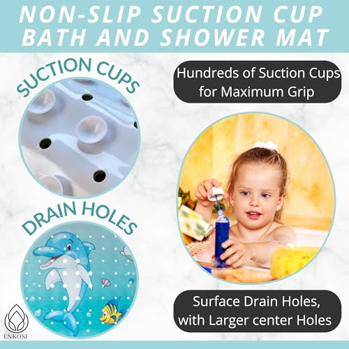 ENKOSI Non-Slip Bath & Shower Mat 40x16 Extra Long, Suction & Drain Holes | Fun dolphin print for kids; Durable PVC; 40x16 in, Dolphin - color: Dolphin Print