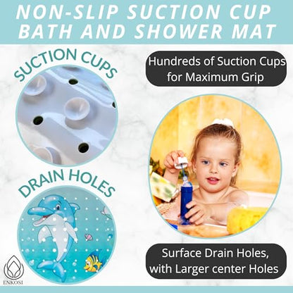 ENKOSI Non-Slip Bath & Shower Mat 40x16 Extra Long, Suction & Drain Holes | Fun dolphin print for kids; Durable PVC; 40x16 in, Dolphin - color: Dolphin Print