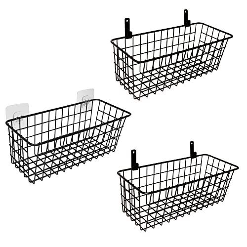 Joben Oligey 3 Set Hanging Wire Baskets ,Wall Mount Fruit Basket,No Drilling,Adhesive Small Metal Basket,Farmhouse Food Storage Mesh Bin Kitchen Pantry Laundry Bathroom Closet Garage RV ,Black - size: Black - Regular