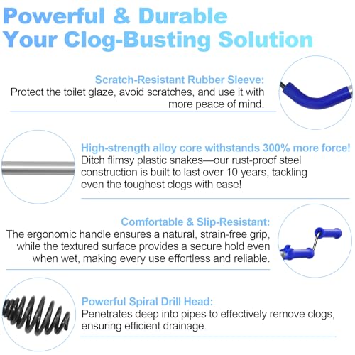 Toilet Auger 6FT DIY Plumbing Snake Drain Cleaner Tool Closet Auger with Non-Scratch Silicone Protection Head, Rust-Resistant Steel,No Plumber Needed for Heavy Toilet Blockages - color: Blue (6FT)