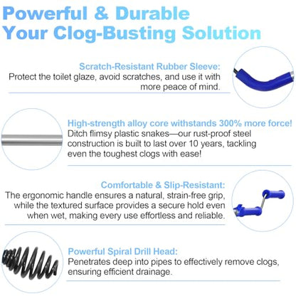 Toilet Auger 6FT DIY Plumbing Snake Drain Cleaner Tool Closet Auger with Non-Scratch Silicone Protection Head, Rust-Resistant Steel,No Plumber Needed for Heavy Toilet Blockages - color: Blue (6FT)