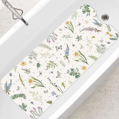 SHUCHING Bath Mat for Tub Non Slip-40x16 Inch, Flower and Leaf | Bathtub Mat for Women Mold Free, Long Shower Mat for Inside Shower with Suction Cup, Machine Washable - color: Green Leaf