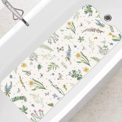 SHUCHING Bath Mat for Tub Non Slip-40x16 Inch, Flower and Leaf | Bathtub Mat for Women Mold Free, Long Shower Mat for Inside Shower with Suction Cup, Machine Washable - color: Green Leaf