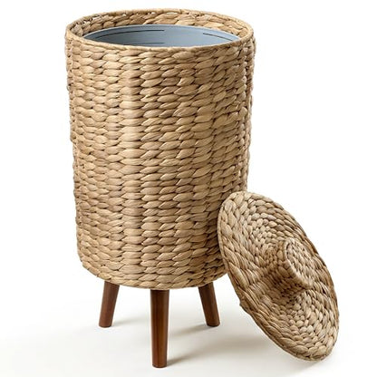 Tidita 3-Gallon Wicker Trash Can with Lid, Wooden Legs, Removable Liner | Removable Wooden Legs, Plastic Liner Included, Space-saving, 3-Gallon Capacity, with Removable Lid, Assembly Required - size: 3 Gallons