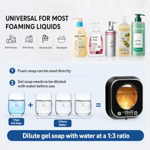 Automatic Soap Dispenser Touchless, Wall Mount, Rechargeable, Mood Lighting | 5 Adjustable Foam Levels, IPX5 Waterproof, LED Clock, 320ML, Hand & Dish Soap for Bathroom Kitchen, Black - color: Foam Black