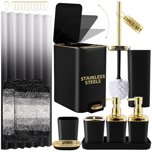 Bathroom Sets with Shower Curtain and Rugs Bathroom Accessories Set Black Bathroom Set,Soap Dispenser & Toilet Brush Holder Set with Stainless Steel Trash Can(23 PCS) - size: Black, style: Bath Set+Ombre Waffle Shower Curtain+Bath Rugs