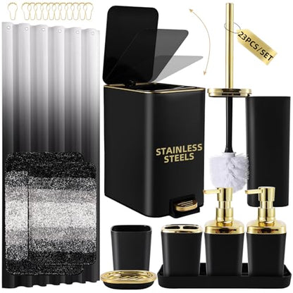 Bathroom Sets with Shower Curtain and Rugs Bathroom Accessories Set Black Bathroom Set,Soap Dispenser & Toilet Brush Holder Set with Stainless Steel Trash Can(23 PCS) - size: Black, style: Bath Set+Ombre Waffle Shower Curtain+Bath Rugs