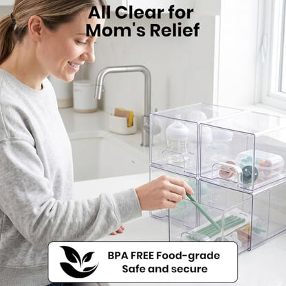 4 Pack Small Clear Stackable Storage Drawers | Acrylic Bathroom Makeup Organizer Plastic Storage Bins For Vanity Undersink Kitchen Cabinets Pantry Home Organization