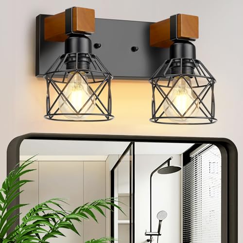 2-Light Farmhouse Bathroom Light Fixtures Over Mirror, Rustic Wood Vanity Lights for Bathroom, Vintage Black Sconces Wall Lighting with Metal Shade for Living Room, Cabinet, Hallway - size: 2-Light