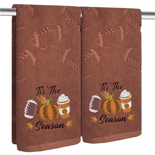 2 Pack Fall Hand Towel Jacquard Embroidered Cotton Kitchen Towels Farmhours Thankful Bath Towels Set Thanksgiving Bathroom Decor (Brown Football, 2*Hand Towel) - color: Brown Football