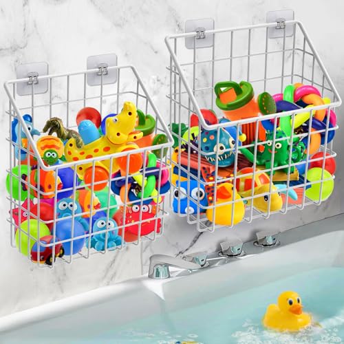 Greentainer 2 Pack Bath Toy Storage Organizer, Large Rustproof Metal Wire Basket, Wall Mounted Hanging Bathtub Holder, Bathroom Shower Caddy for Tub Toys & Toiletries - color: White