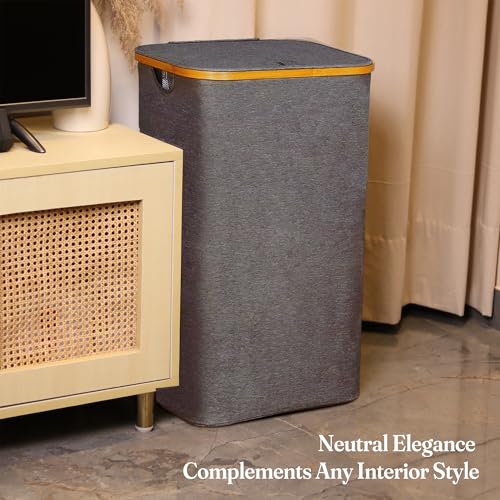 Fine Living Co.100L Large Laundry Hamper with Lid Dirty Clothes Hamper Gray | Narrow Foldable Slim Laundry Basket with Bamboo Handles, Tall Skinny Hamper for Dorm, Bathroom & Bedroom - color: Solid Gray