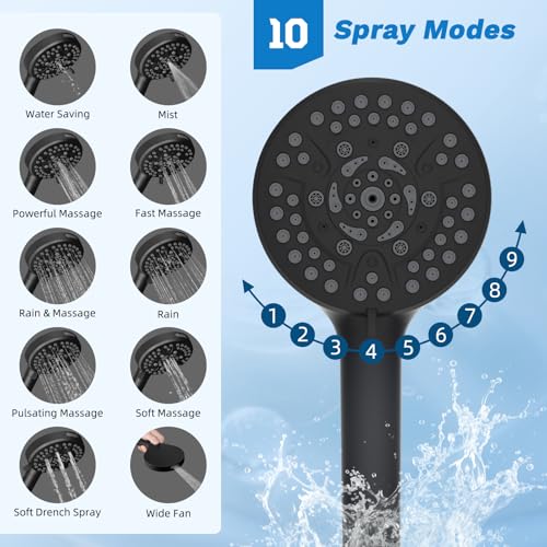 Hibbent High Pressue All Metal 10" Rainfall Shower Head, Handheld 10-Spray | cUPC Certified Matte Black Dual Showerhead Combo, 4-way Diverter with Pause Mode, Brass Extension Arm, 71'' Hose & Holder - color: Matte Black, style: Square 10"