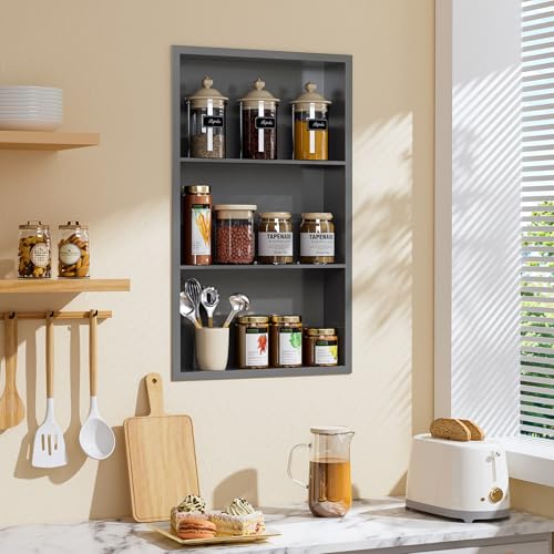 14x24 Recessed Medicine Cabinet, Bathroom Wall Cabinet, 304 Stainless Steel Recessed Wall Niche with 3-Tiers Shelves, Matte Gray - color: Matte Gray, size: 14'' x 24''