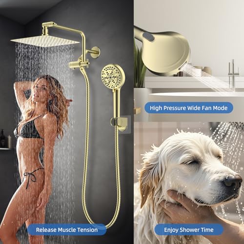 10" Metal Rainfall Shower Head with 10-Mode Handheld, Shiny Gold | NSF/ANSI/CAN 372 Certified, High Pressure Showerhead Combo with 11" Adjustable Shower Arm, 71" Hose, Shower Head Holder - color: Polished Gold, style: Square 10"