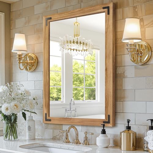Wood Framed Bathroom Vanity Mirror for Wall, 24"x36" Farmhouse Mirror | Solid Wood Frame, HD Shatterproof Glass, Vertical/Horizontal Hanging, Ideal for Bathroom, Living Room, Bedroom - size: 36"L x 24"W
