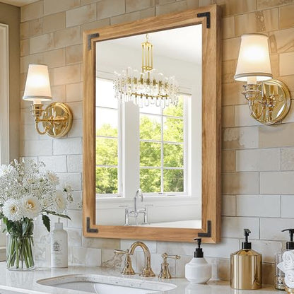Wood Framed Bathroom Vanity Mirror for Wall, 24"x36" Farmhouse Mirror | Solid Wood Frame, HD Shatterproof Glass, Vertical/Horizontal Hanging, Ideal for Bathroom, Living Room, Bedroom - size: 36"L x 24"W