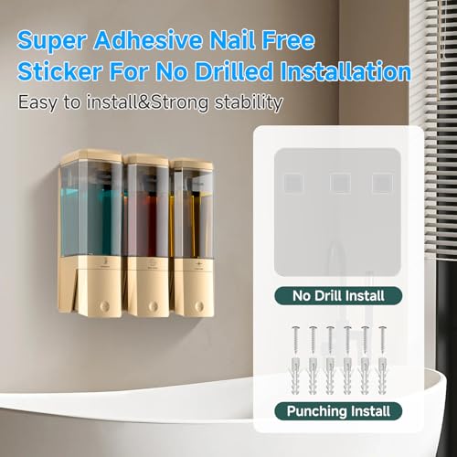 Shampoo and Conditioner Dispenser,Shower Dispenser 3 Chamber No Drill Shampoo Dispenser for Shower Wall Mounted Shower Soap Dispenser for Bathroom Hotel,Large Capacity 3 * 500ML,Gold - color: Glod 3 Chamber