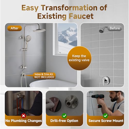 BRIGHT SHOWERS Rain Shower Heads System - 9 Inch Rainfall Shower Head and Handheld Shower Head with Height Adjustable Holder, Solid Brass Rail and 60" Long Stainless Steel Shower Hose, Brushed Nickel - color: Brushed Nickel, size: 2.5 Gallon Per Minute