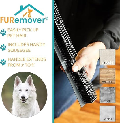 FURemover Pet Hair Removal Rubber Broom, 58" Telescopic Handle | Multi-Surface Rubber Broom with Built in Squeegee Edge, Sweeps up Fur, Hair, and Debris on Tile, Wood, Vinyl, and Carpet - size: 58" Telescopic Handle