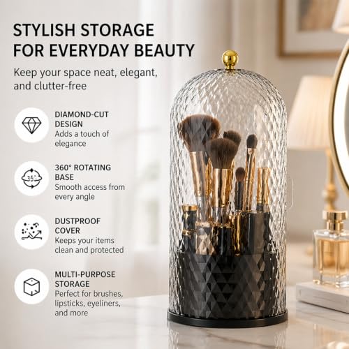 Toothbrush Holder with Cover,3 Compartment Rotating Countertop | Dust-Proof Sliding Lid Bathroom Organizer for Toothpaste, Makeup Brushes Holder with Makeup Bag, Vanity Storage – Black