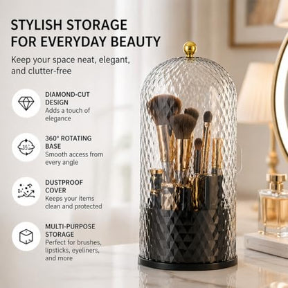 Toothbrush Holder with Cover,3 Compartment Rotating Countertop | Dust-Proof Sliding Lid Bathroom Organizer for Toothpaste, Makeup Brushes Holder with Makeup Bag, Vanity Storage – Black