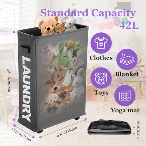 42L Narrow Rolling Laundry Basket, Slim Laundry Hamper with Wheels and Brake, Collapsible Skinny Laundry Cart for Dorm and Small Spaces, Dark Gray - color: Gray