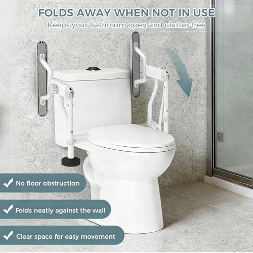 Folding Toilet Safety Rails - Adjustable Bathroom Support Frame | with Foldable Arms for Elderly, Seniors, Post-Surgery Recovery, and Pregnant Women - Tool-Free Installation, Sturdy Grab Bar