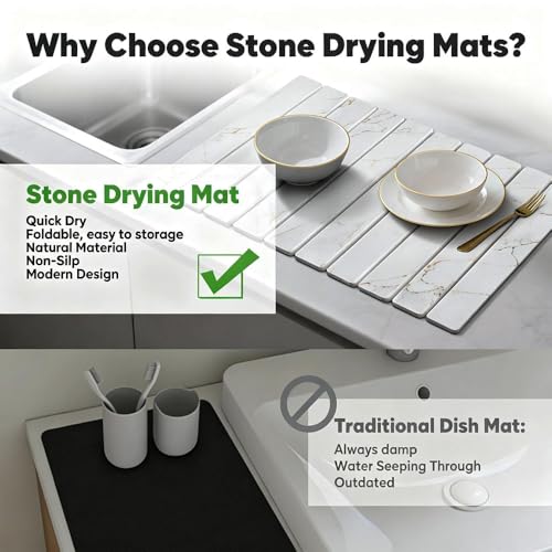Stone Drying Mat for Kitchen Counter, Quick Diatomaceous Earth Mats for Dishes, 24"L x 16" W Super Absorbent Fast-Drying Collapsible Countertop Stone Mat (Marble Gold White, 24" x 16") - color: Marble Gold White