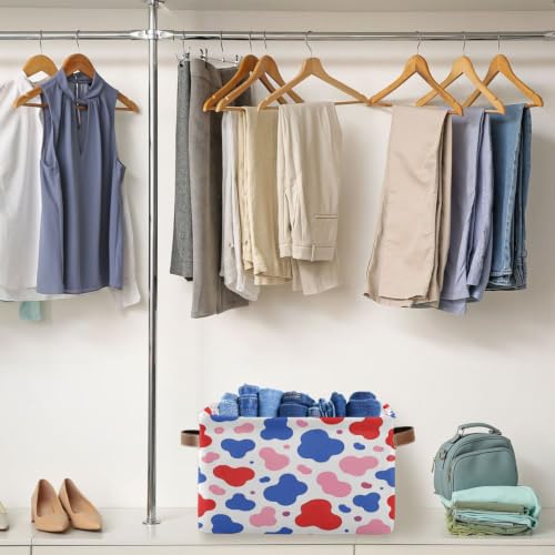 Red Pink Blue Cow Pattern Storage Baskets 1 Pack | Collapsible Open Home Storage Bin with Handle for Home Bedroom Cloth