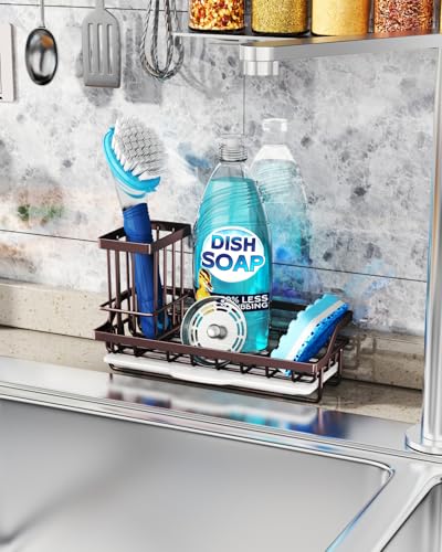 Consumest Sink Caddy Kitchen Organizer, Sponge Holder for Kitchen Sink with Removable Drip Tray for Countertop Dish Soap Holder Dispenser Brush Holder, 304 Stainless Steel - Bronze - color: Bronze